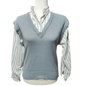 Vintage Blue Preppy Sweater Vest w/ Faux Striped Collared Shirt Office Work Med